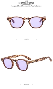 Dettagli di montature leopardate opache e lenti viola per occhiali da sole UV400