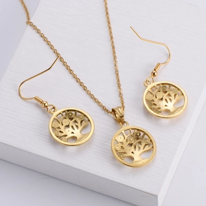 18k gold plated tree of life jewelry set featuring pendant necklace and earrings