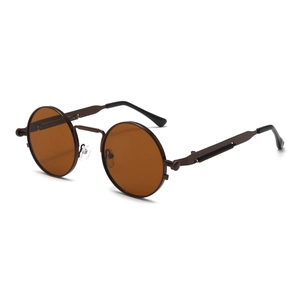 Steampunk round sunglasses with dark bronze metal frame and brown lenses for men and women