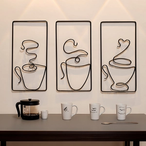 Set of 3 Nordic black wire coffee cup metal wall art frames for dining room decor