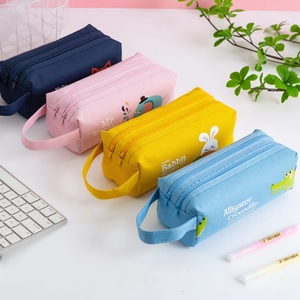 Cute large capacity cartoon canvas stationery bags with handles in four colors
