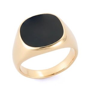 Detailed view of the gold-plated signet ring featuring a square black enamel top panel