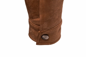 Detail of brown faux suede sleeve cuff with metal button and CLASSIC engraving