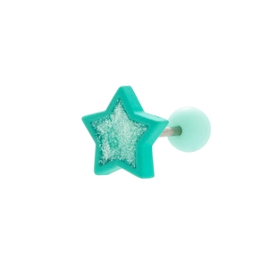 Turquoise star stud earring with a glitter finish and ball back on a white background