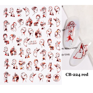 Detail of red abstract female profile 3D nail art stickers and model showcase CB-224