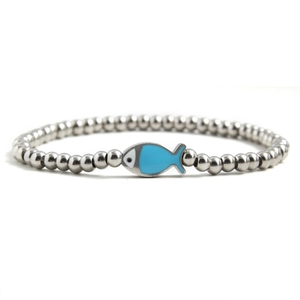 Silver 4mm stainless steel beaded bracelet with a bright blue fish-shaped charm pendant