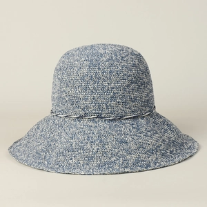 Elegant blue and white crocheted sun hat featuring a wide brim and decorative cord trim