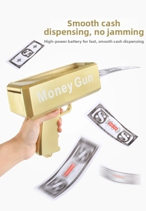 Close-up of golden electric money gun toy with flying prop bills on white background