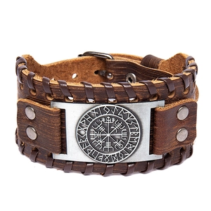 Viking brown leather bracelet with metal Vegvisir compass and Nordic runes detail