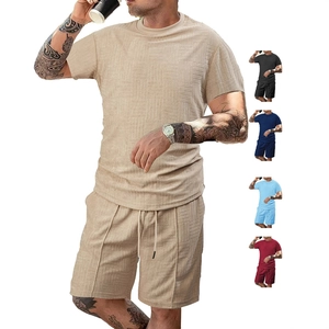 Men Summer Waffle Knit T-Shirt And Shorts Casual Athletic Outfit Breathable Loose Fit Crew Neck Comfortable