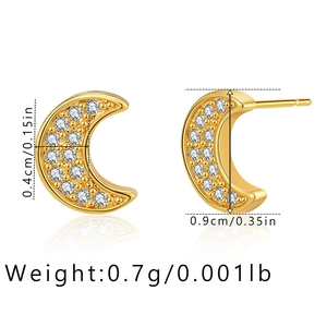 Detailed dimensions of 18K gold moon stud earrings with sparkling cubic zirconia settings