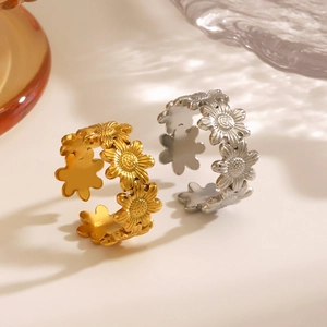 Sunflower Daisy Floral Ring Stainless Steel Adjustable Open Band Fashion Jewelry For Women