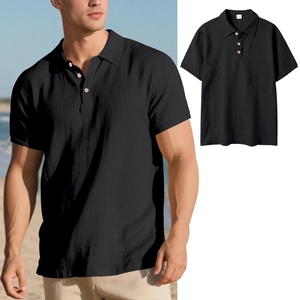 Detailed view of black textured linen polo shirt with three-button neckline design