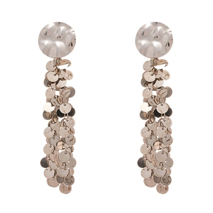 Silver drop earrings featuring hammer-textured discs and long cascading metal sequins