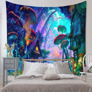 Detail of bohemian mushroom tapestry with glowing fantasy forest and starry night sky