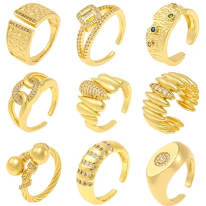 Trendy Geometric Copper Zirconia Open Adjustable Rings For Women Light Luxury Gold Plated Feather Leaf Heart Finger Rings