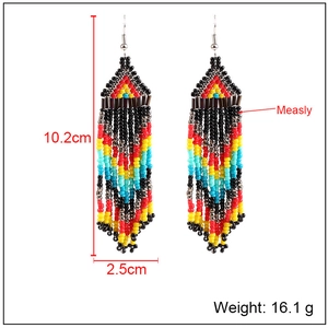 Size guide for multi-color beaded tassel earrings showing length 10.2cm and weight 16.1g
