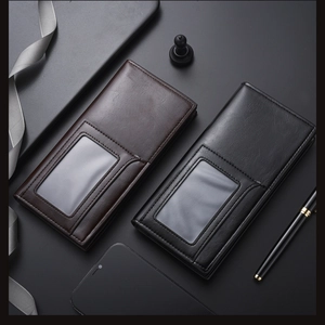Business long wallets for men in brown and black leather on a minimalist background
