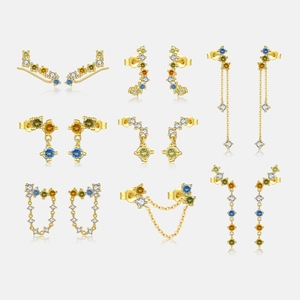 925 Sterling Silver Colorful Rhinestone Double Piercing Chain Earrings For Women 18K Gold Plated Tassel Drop Earrings Jewelry