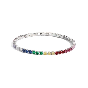 Rainbow tennis bracelet with colorful round-cut cubic zirconia in silver-tone finish