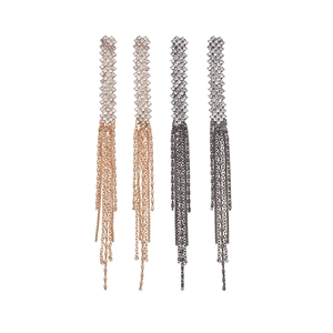 Elegant rose gold and black gun tassel earrings with sparkling rhinestones and metal fringe