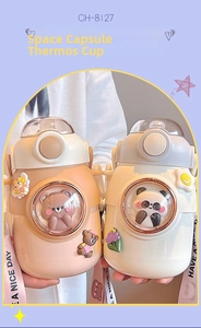 Detail of cute astronaut capsule thermos with bear and panda 3D figures and wide straps