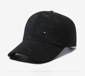 Detailed embroidery and embossed Sport lettering on a black baseball cap side view