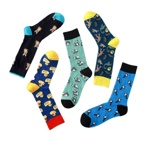 Vue détaillée de cinq paires de chaussettes en coton avec motifs chien canard et panda