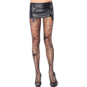Detailed view of black fishnet tights featuring a unique spider and web pattern for women