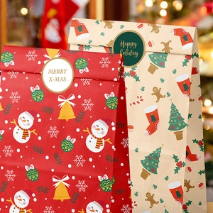 Christmas paper gift bags with snowman and tree patterns and decorative sealing stickers