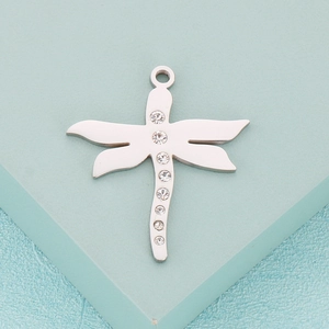 Minimalist silver stainless steel dragonfly pendant with sparkling rhinestones for jewelry DIY