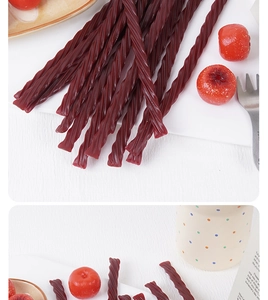 Close-up of realistic red hawthorn jelly twists with a glossy spiral texture and berry details