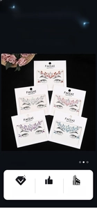 Detail of five styles of self-adhesive face jewels with acrylic crystals and packaging