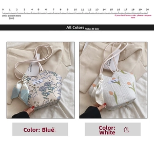 Detail of canvas tote bag featuring floral embroidery and decorative silk scarf accessory