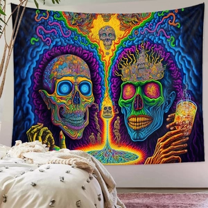 Macro detail of psychedelic mushroom skull tapestry with vibrant colors and fluid textures