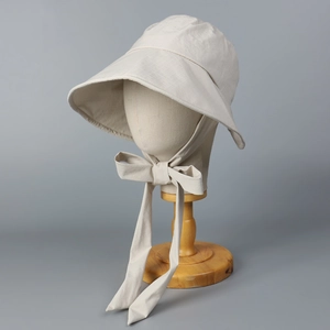 Beige wide brim sun hat for women with long bow ribbon ties for outdoor UV protection