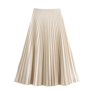 Elegant champagne gold pleated midi skirt with a silky high-waisted A-line silhouette