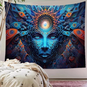Detailed close-up of psychedelic blue tapestry with glowing third eye art in a modern bedroom