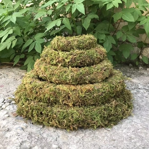Close-up of stacked natural dried moss wreaths showing organic textures and green tones