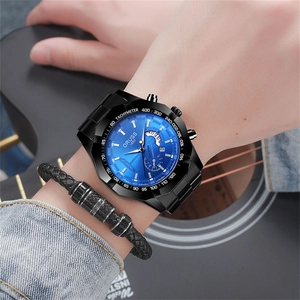 Close-up of ORUSS men's business watch with blue sunray dial and black braided leather bracelet