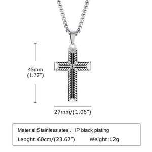 Detail showing dimensions of black IP plated stainless steel cross pendant necklace