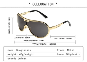 Detailed dimension chart of oversized aviator sunglasses with gold metal frame