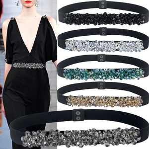 Women Elastic Waist Belt Rhinestone Crystal Flower Decorative High Waist Cincher For Dresses Elegant Sparkly Fashion