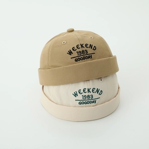 Kids vintage 1983 docker caps in khaki and cream cotton with letter embroidery