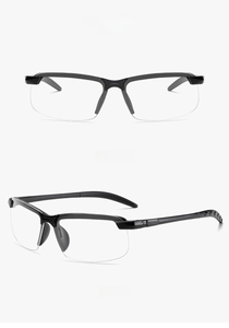 Front and side views of men's semi-rimless business glasses in classic black and clear