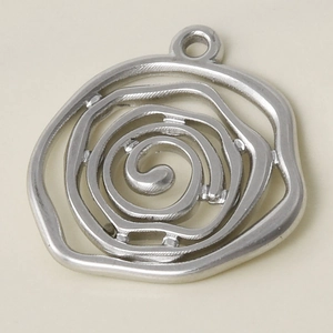 Macro shot of a 304 stainless steel irregular spiral rose pendant with silver finish