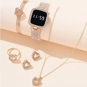 6-piece rose gold women's watch set with rhinestone heart necklace bracelet and earrings