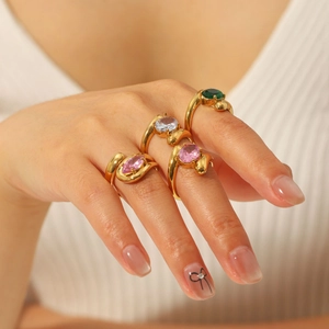 Elegant 18K gold plated stainless steel ring with colorful oval zircon stones for women