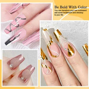 Metallic line nail art gel set with gold waves and rhinestone accents in three creative styles
