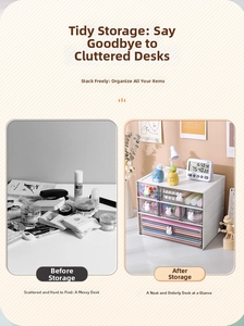 Close-up of stacked desk organizer with rabbit handles showing before and after cleanup